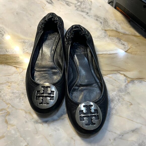 Tory Burch Shoes - Tory Burch Reva Leather Black Silver Logo Ballet Flats Shoe Women's 6.5